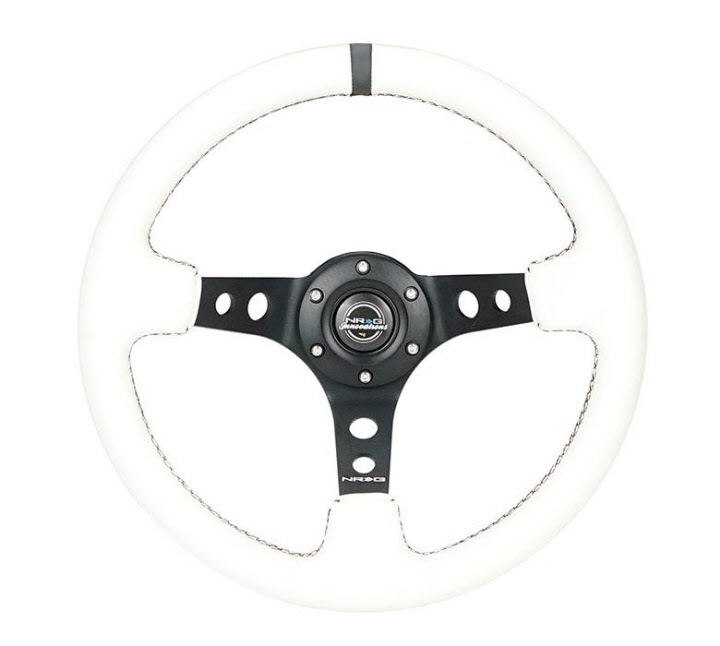 NRG Steering Wheel Deep Dish 350mm Part # ST-006-WT-Y Yellow Center Marking - White Leather with White Stitching 13.78 inches 