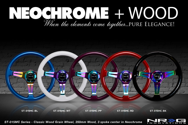 3 Spoke Center in NEO Chrome Steering Wheel 350mm NRG Innovations Blue Wood Wheel 