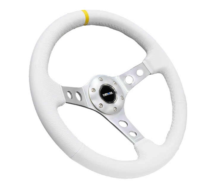NRG Steering Wheel Deep Dish 350mm Part # ST-006-WT-Y Yellow Center Marking - White Leather with White Stitching 13.78 inches NRG Steering Wheel Deep Dish 350mm Part # ST-006-WT-Y Yellow Center Marking - White Leather with White Stitching 13.78 inches