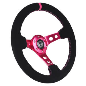 NRG Innovations Reinforced RST-018S-MCRS 350mm 3 inches Deep Neo Chrome Spoke Suede Red Stitch Steering Wheel 